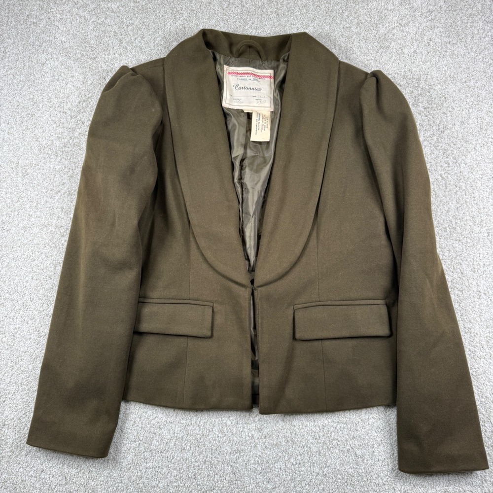 Cartonnier Blazer Women M Olive Green Puff Shoulder Shawl Collar Open Front